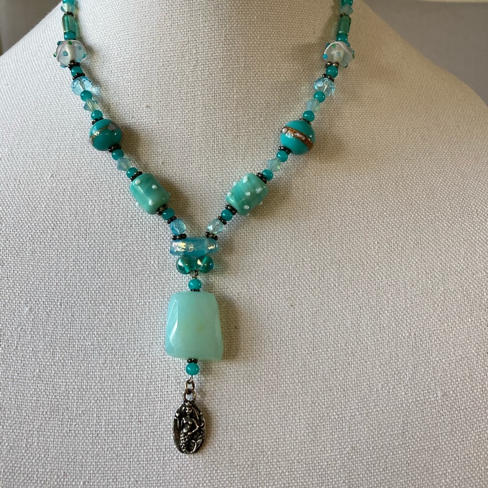 New Boho Chalcedony, Swarovski Crystal, Italian Glass Cake Beads w Mermaid Pe…